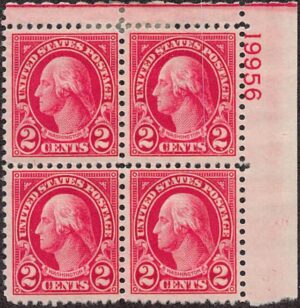 USA 1926 Mint Lightly Hinged Plateblock SC 634 George Washington Carmine 2 Cent 1926