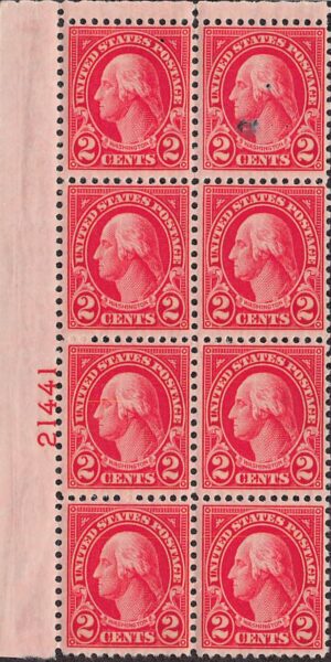 USA 1926 Mint Never Hinged Plateblock SC 634 George Washington Carmine 2 Cent 1926