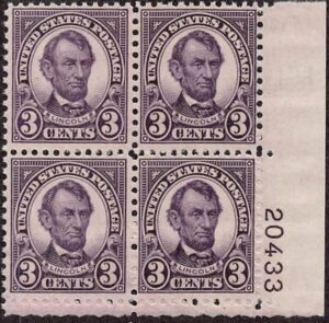 USA 1927 Mint Never Hinged Plateblock SC 635 Abraham Lincoln Violet 3 Cent 1927