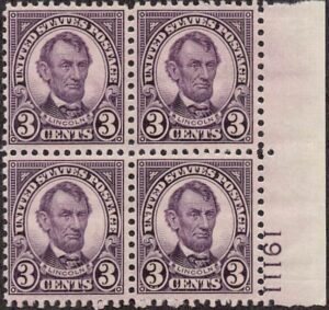 USA 1927 Mint Never Hinged Plateblock SC 635 Abraham Lincoln Violet 3 Cent 1927