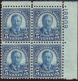 USA 1927 Mint Never Hinged Plateblock SC 637 Theodore Roosevelt Dark blue 5 Cent 1927