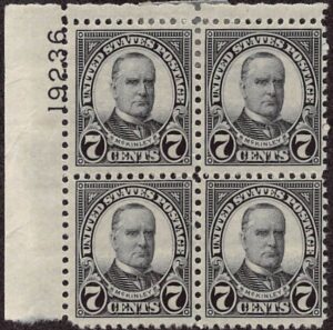 USA 1927 Mint Lightly Hinged Plateblock SC 639 William Mc Kinley Black 7 Cent 1927