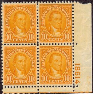 USA 1927 Mint Lightly Hinged Plateblock SC 642 James Monroe Orange 10 Cent 1927
