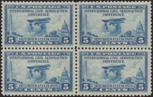 USA 1928 Mint Lightly Hinged Block SC 650 Airliner Ryan Brougham B-5 (1927) and globe Blue 5 Cent 1928