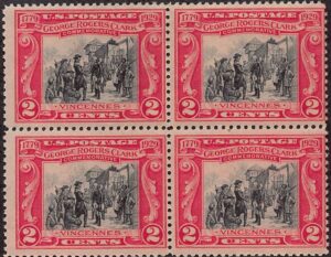 USA 1929 Mint Never Hinged Block SC 651 The Fall of Fort Sackville (1923), by Frederick Coffay Yohn Black,Carmine 2 Cent 1929
