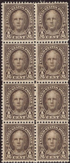 USA 1929 Mint Lightly Hinged Block SC 653 Nathan Hale (1755-1776), American Soldier and Spy Olive brown 0.5 Cent 1929