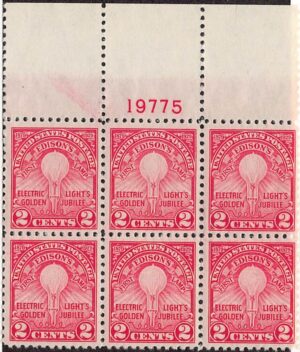 USA 1929 Mint Never Hinged Plateblock SC 654 Thomas Edison's First Lamp (1879) Carmine rose 2 Cent 1929
