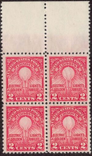 USA 1929 Mint Never Hinged Block SC 654 Thomas Edison's First Lamp (1879) Carmine rose 2 Cent 1929