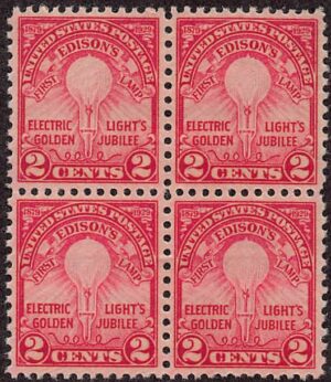 USA 1929 Mint Never Hinged Block SC 655 Thomas Edison's First Lamp (1879) Carmine rose 2 Cent 1929