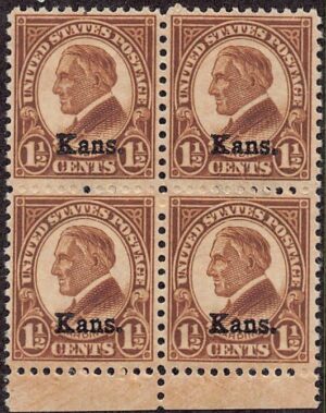 USA 1929 Mint Never Hinged Block SC 659 Warren G. Harding, overprinted Kans. Brown 1.5 Cent 1929