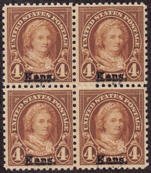 USA 1929 Mint Never Hinged Block SC 662 Martha Washington, overprinted Kans. Yellow brown 4 Cent 1929