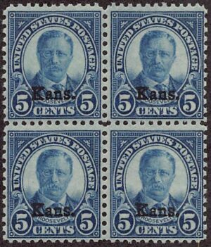 USA 1929 Mint Never Hinged Block SC 663 Theodore Roosevelt, overprinted Kans. Dark blue 5 Cent 1929