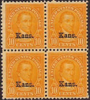 USA 1929 Mint Never Hinged Block SC 668 James Monroe, overprinted Kans. Yellow orange 10 Cent 1929