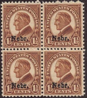 USA 1929 Mint Never Hinged Block SC 670 Warren G. Harding, overprinted Nebr. Brown 1.5 Cent 1929