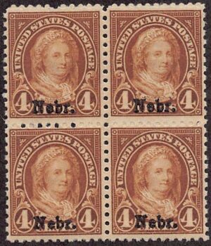 USA 1929 Mint Never Hinged Block SC 673 Martha Washington, overprinted Nebr. Yellow brown 4 Cent 1929