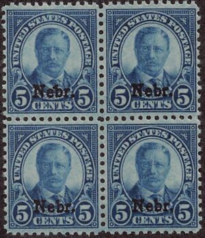 USA 1929 Mint Never Hinged Block SC 674 Theodore Roosevelt, overprinted Nebr. Dark blue 5 Cent 1929