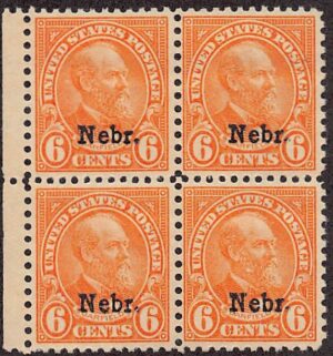 USA 1929 Mint Never Hinged Block SC 675 James A. Garfield, overprinted Nebr. Red orange 6 Cent 1929