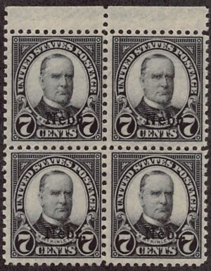 USA 1929 Mint Never Hinged Block SC 676 William McKinley, overprinted Nebr. Black 7 Cent 1929
