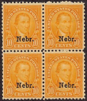 USA 1929 Mint Never Hinged Block SC 679 James Monroe, overprinted Nebr. Yellow orange 10 Cent 1929
