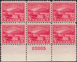 USA 1929 Mint Never Hinged Plateblock SC 681 Lock No. 5, Monongahela River, Brownsville, Pennsylvania Carmine rose 2 Cent 1929
