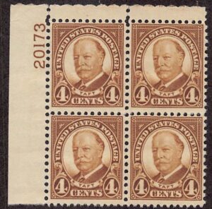 USA 1930 Mint Never Hinged Plateblock SC 685 William Howard Taft (1857-1930), 27th President of the USA Brown 4 Cent 1930