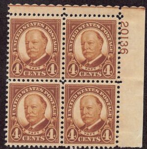 USA 1930 Mint Never Hinged Plateblock SC 685 William Howard Taft (1857-1930), 27th President of the USA Brown 4 Cent 1930
