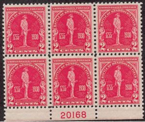 USA 1930 Mint Never Hinged Plateblock SC 688 Statute of George Washington, Braddock's Field, Pennsylvania Carmine rose 2 Cent 1930
