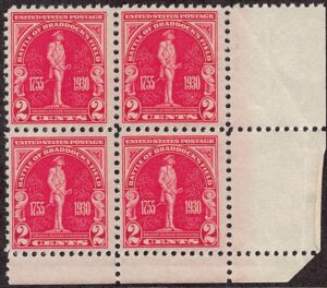 USA 1930 Mint Never Hinged Block SC 688 Statute of George Washington, Braddock's Field, Pennsylvania Carmine rose 2 Cent 1930