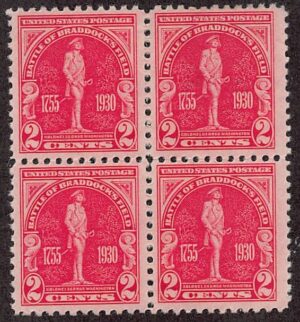USA 1930 Mint Never Hinged Block SC 688 Statute of George Washington, Braddock's Field, Pennsylvania Carmine rose 2 Cent 1930