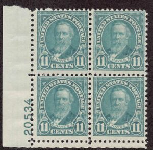 USA 1931 Mint Never Hinged Plateblock SC 692 Rutherford B. Hayes (1822-1893), 19th President of the USA Light blue 11 Cent 1931