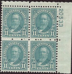 USA 1931 Mint Never Hinged Plateblock SC 692 Rutherford B. Hayes (1822-1893), 19th President of the USA Light blue 11 Cent 1931