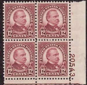 USA 1931 Mint Never Hinged Plateblock SC 693 Grover Cleveland (1837-1908), 22nd and 24th US President Brown violet 12 Cent 1931