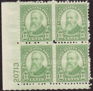 USA 1931 Mint Never Hinged Plateblock SC 694 Benjamin Harrison (1833-1901), 23rd President of the U.S.A. Yellow green 13 Cent 1931