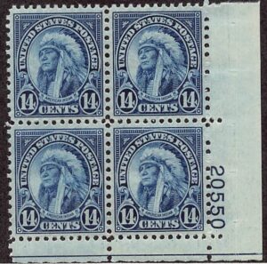 USA 1931 Mint Never Hinged Plateblock SC 695 American Indian Dark blue 14 Cent 1931