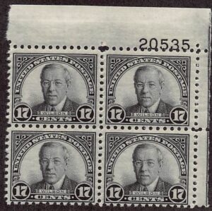 USA 1931 Mint Never Hinged Plateblock SC 697 Woodrow Wilson Black 17 Cent 1931