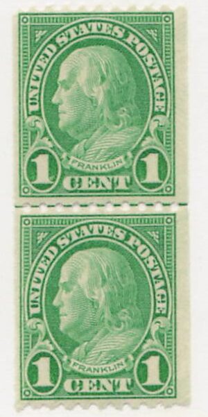 USA 1924 Mint Never Hinged Pair SC 604 Benjamin Franklin Yellow green 1 Cent 1924 Line Pair