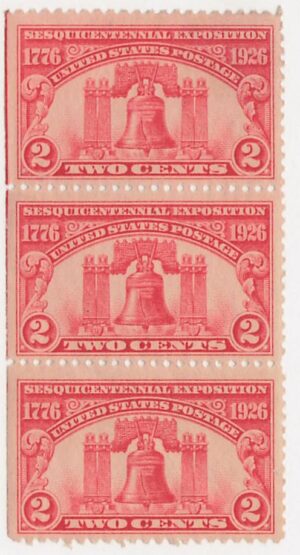 USA 1926 Mint Never Hinged Strip SC 627 Liberty Bell (1752), Philadelphia, Pennsylvania Carmine rose 2 Cent 1926 Strip of three