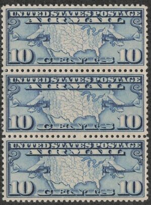 USA 1926 Mint Never Hinged Strip SC C7 Map of the USA and Two De Havilland D.H. 4M Mail Planes Blue 10 Cent 1926 Strip of 3