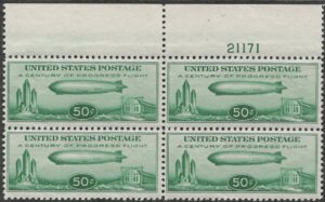 USA 1933 Mint Never Hinged Plateblock SC C18 "Graf Zeppelin" from Freidrichshafen to Chicago Yellow green 50 Cent 1933 Plate Number 21171
