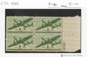 USA 1944 Mint Never Hinged Plateblock SC C26 Twin-Motored Transport Plane Olive green 8 Cent 1944