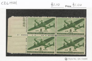 USA 1944 Mint Never Hinged Plateblock SC C26 Twin-Motored Transport Plane Olive green 8 Cent 1944