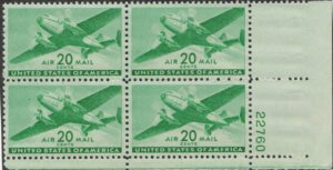 USA 1941 Mint Never Hinged Plateblock SC C29 The Twin-Motored Transport Plane Light green 20 Cent 1941