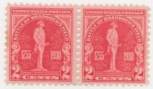 USA 1930 Mint Never Hinged Pair SC 688 Statute of George Washington, Braddock's Field, Pennsylvania Carmine rose 2 Cent 1930