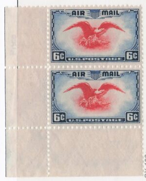 USA 1938 Mint Never Hinged Postal Stationary Card (Stamp) SC C23 Bald Eagle (Haliaeetus leucocephalus), Coat of Arms Carmine,Deep blue 6 Cent 1938 Corner selvage
