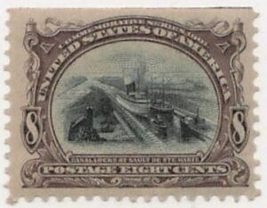 USA 1901 Mint Hinged Stamp SC 298 Soo Locks (1837), Sault Ste. Marie, Michigan Black,Brown violet 8 Cent 1901 Flat Top