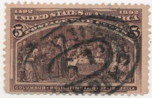 USA 1893 Used Stamp SC 234 Columbus Soliciting Aid from Queen Isabella Chocolate 5 Cent 1893