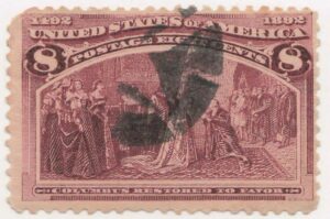 USA 1893 Used Stamp SC 236 Columbus Restored to Favor Magenta 8 Cent 1893 Missing UR corner tag.