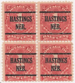 USA 1925 Used Block SC J68 Postage Due Dull red 0.5 Cent 1925 Hastings, NE pre-cancel