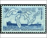 USA 1955 Mint SC1069 Map of Great Lakes and Two Steamers Blue 3 Cent 1955