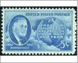 USA 1946 Mint SC933 Roosevelt, Map of Western Hemisphere and Four Freedoms Bright blue 5 Cent 1946